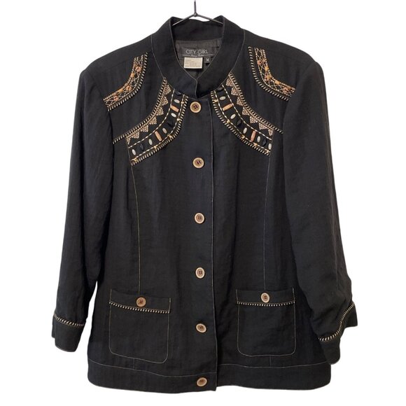 Vintage Black Embellished Jacket Medium Button Beaded Accents Tetro Preppy Class - Picture 1 of 7